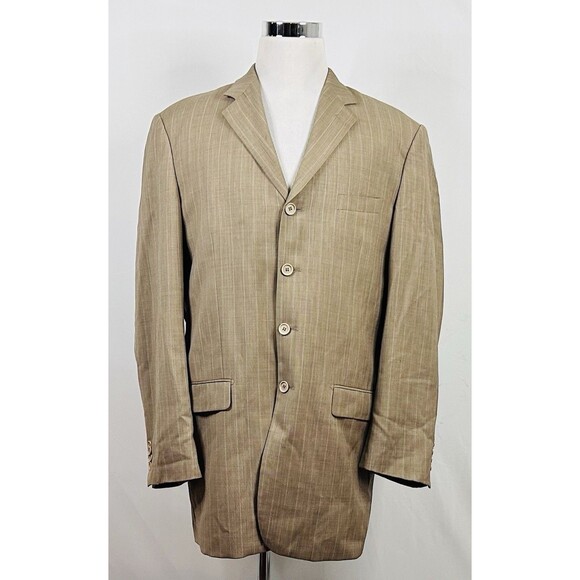 Mantoni 46L Suit 36x31 Pleated Beige Striped 100% Wool Four Button Lined - Picture 2 of 12